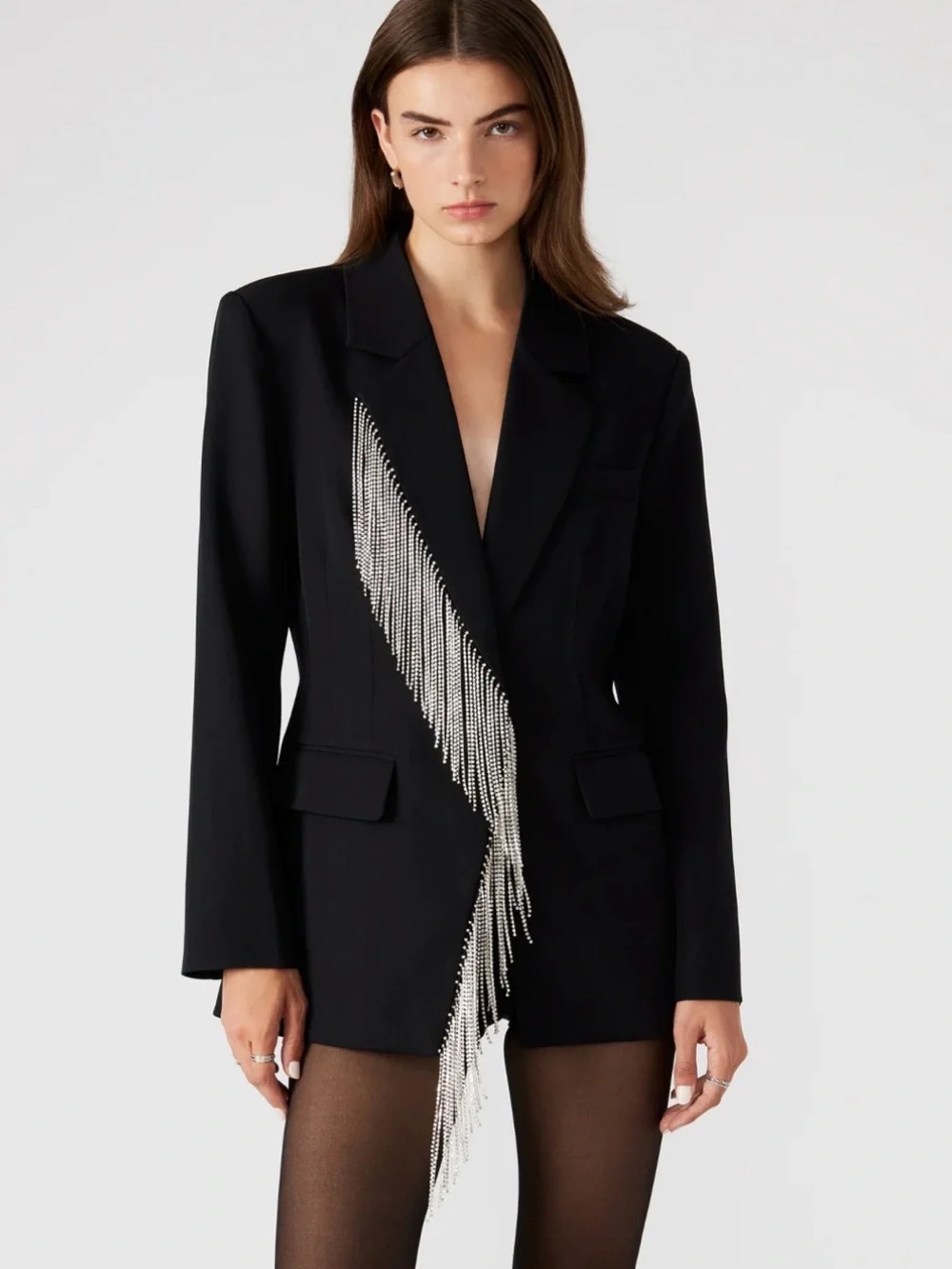 Steve Madden Black Crystal Fringe Blazer Jacket